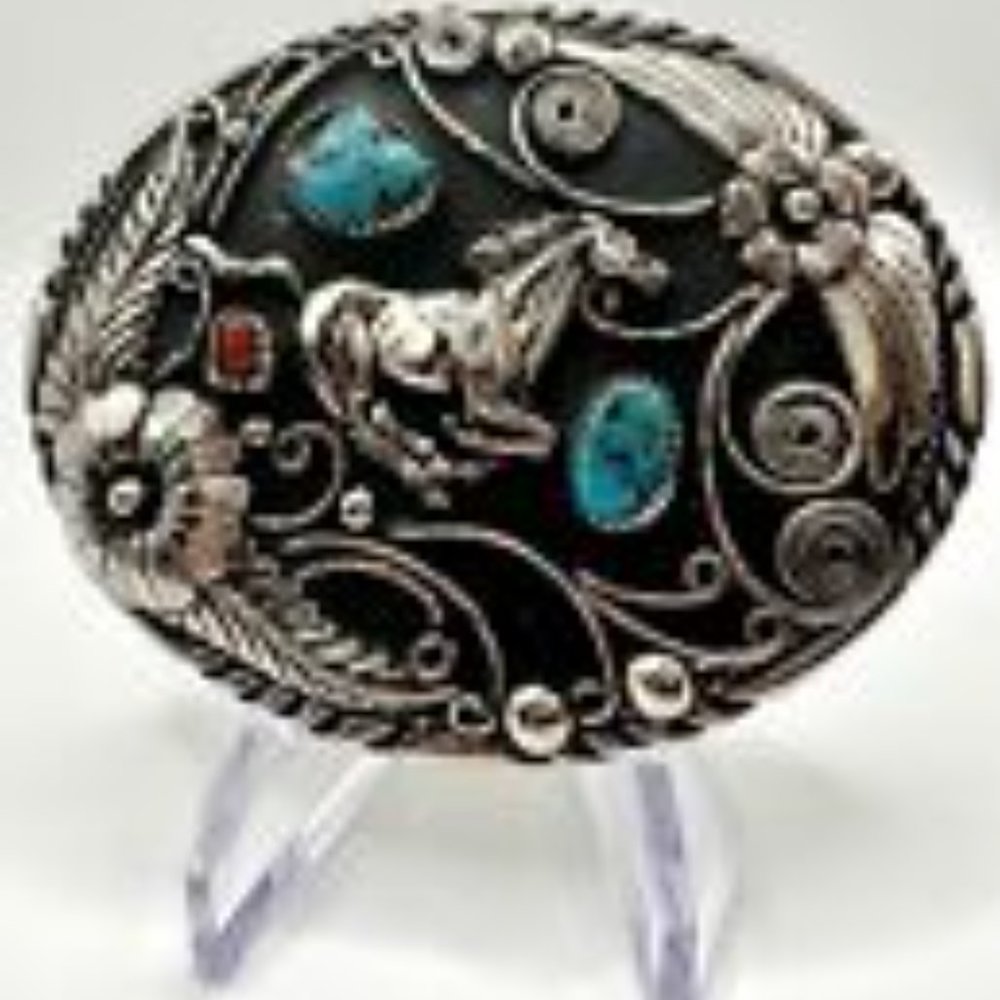 Vintage Handcrafted Navajo Belt Buckle Sterling Silver Turquoise Horse Men Women